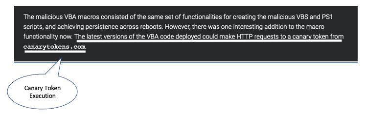 Screenshot from Cisco report from the Tracking Tokens section underlining the sentence "The latest versions of the VBA code deployed could make HTTP requests to a canary tooken from canarytokens.com." The extracted technique is simply labeled "Canary Token Execution."