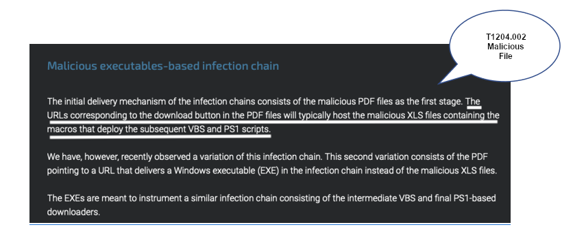 Screenshot from Cisco report of the Malicious Executables-Based Infection Chain section. It underlines the sentence "The URLs corresponding to the download button in the PDF files will typically host the malicious XLS files containing the macros that deploy the subsequent VBS and powershell scripts." The sentence is labeled with ATT&CK technique T1105 Ingress Tool Transfer.