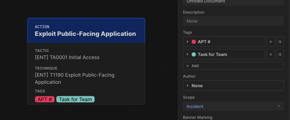Tags for "APT #" and "Task for Team" are shown on an Exploit Public-Facing Application Action.