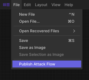 Screenshot of Attack Flow Builder file menu where the Publish button is located.