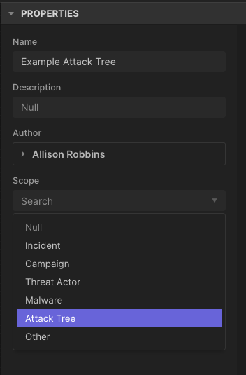 Screenshot of Attack Flow Builder side bar demonstrating how to select Attack Tree as scope.